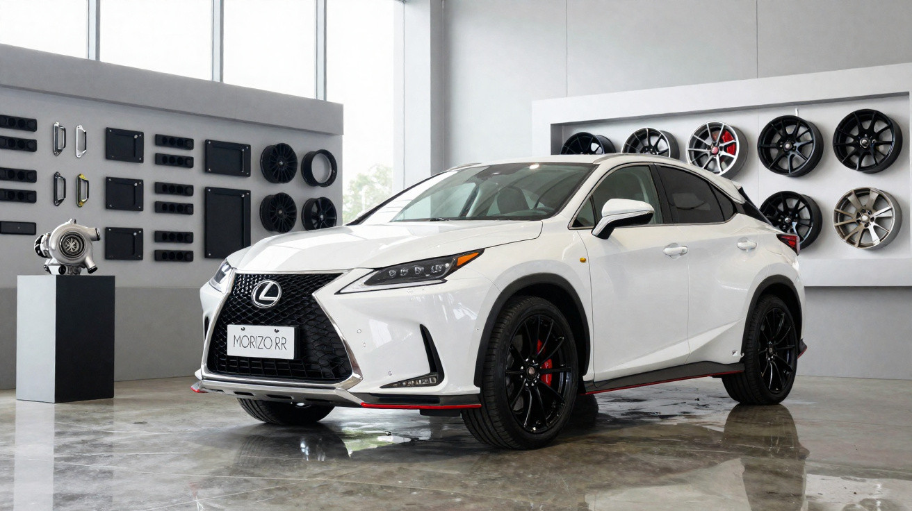 Carro Lexus branco estacionado numa oficina com rodas expostas na parede ao fundo.