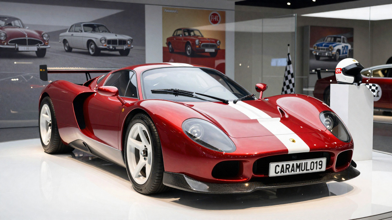 Carro desportivo clássico vermelho com faixa branca em exposição num museu automóvel.