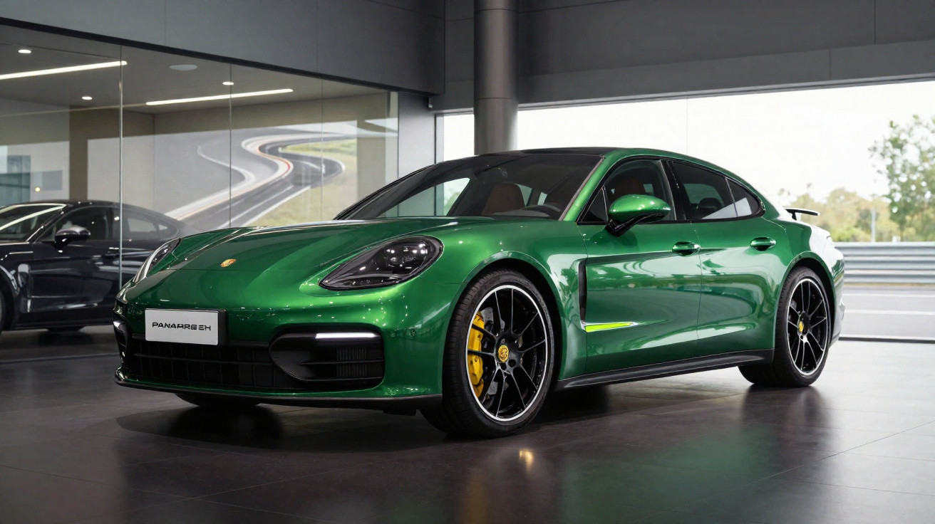 Carro desportivo Porsche Panamera 4S em verde metálico numa exposição interior moderna.