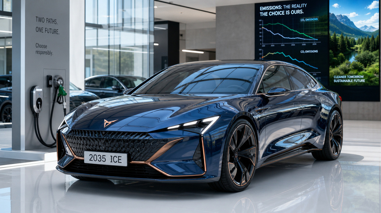 Carro elétrico moderno azul brilhante numa exposição com carregadores e ecrãs sobre emissões e futuro sustentável.
