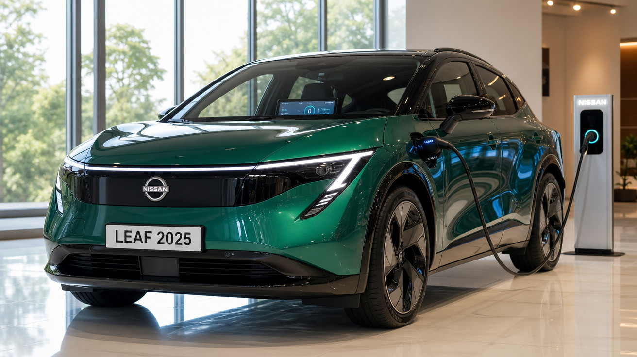 Automóvel eléctrico Nissan Leaf 2025 verde a carregar na estação de carregamento interior.