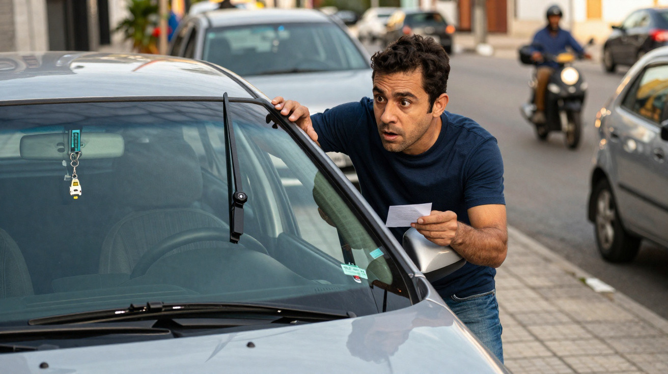 Homem com expressão preocupada a ler nota presa no limpa para-brisas de um carro estacionado na rua.
