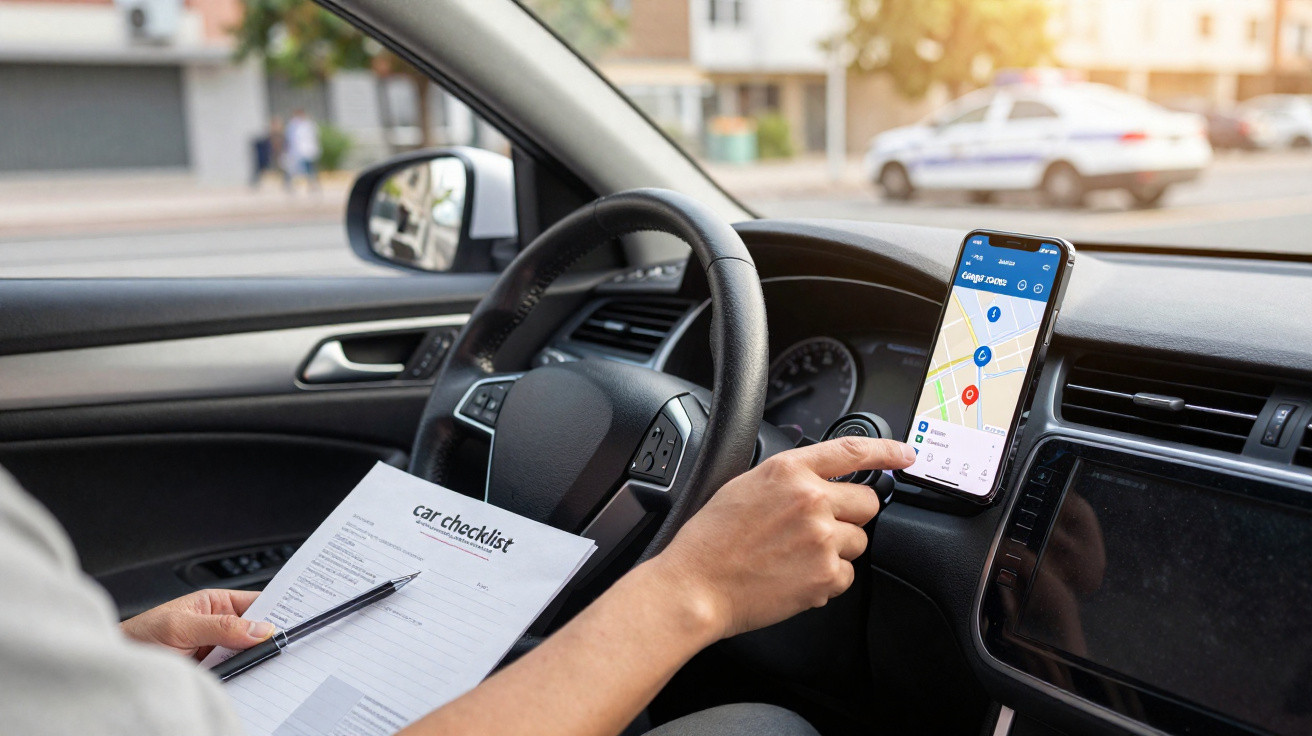 Pessoa no carro a consultar a aplicação de mapas no telemóvel enquanto segura uma lista de verificação.