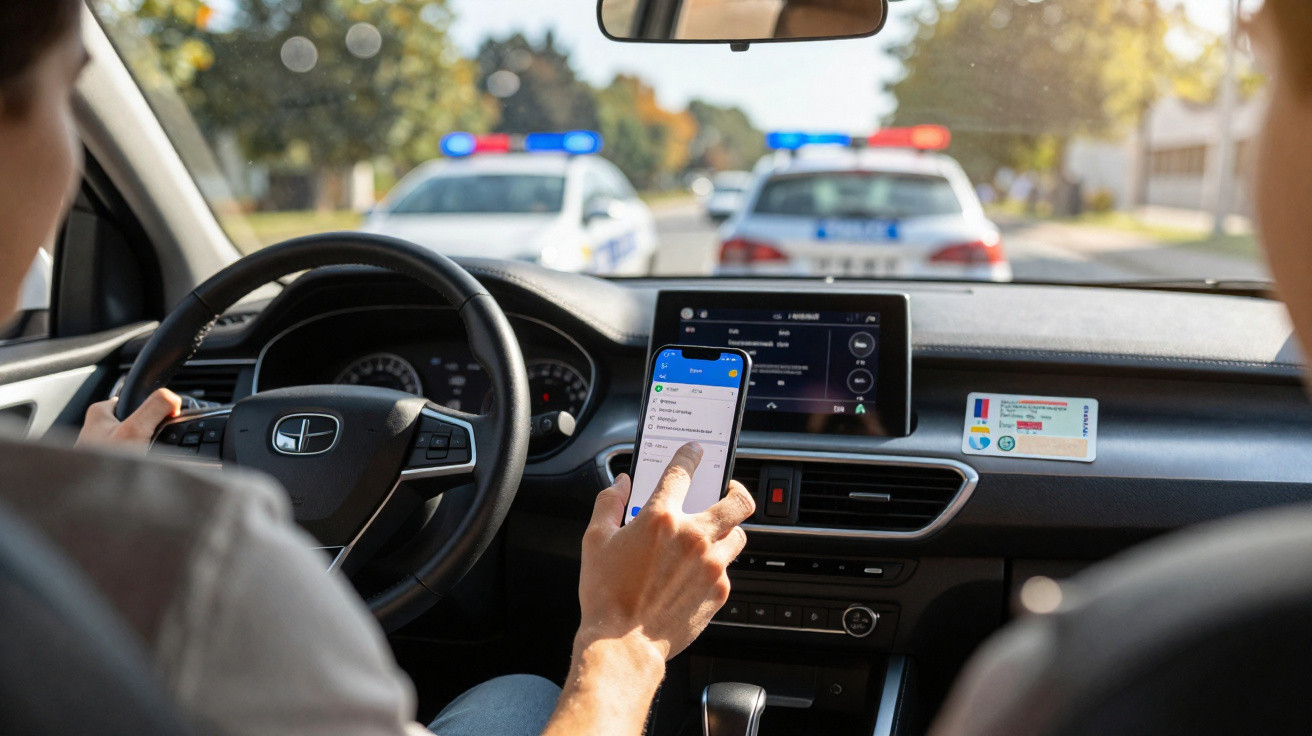 Interior de carro com condutor a usar telemóvel enquanto é parado por polícia em viaturas com luzes ligadas.