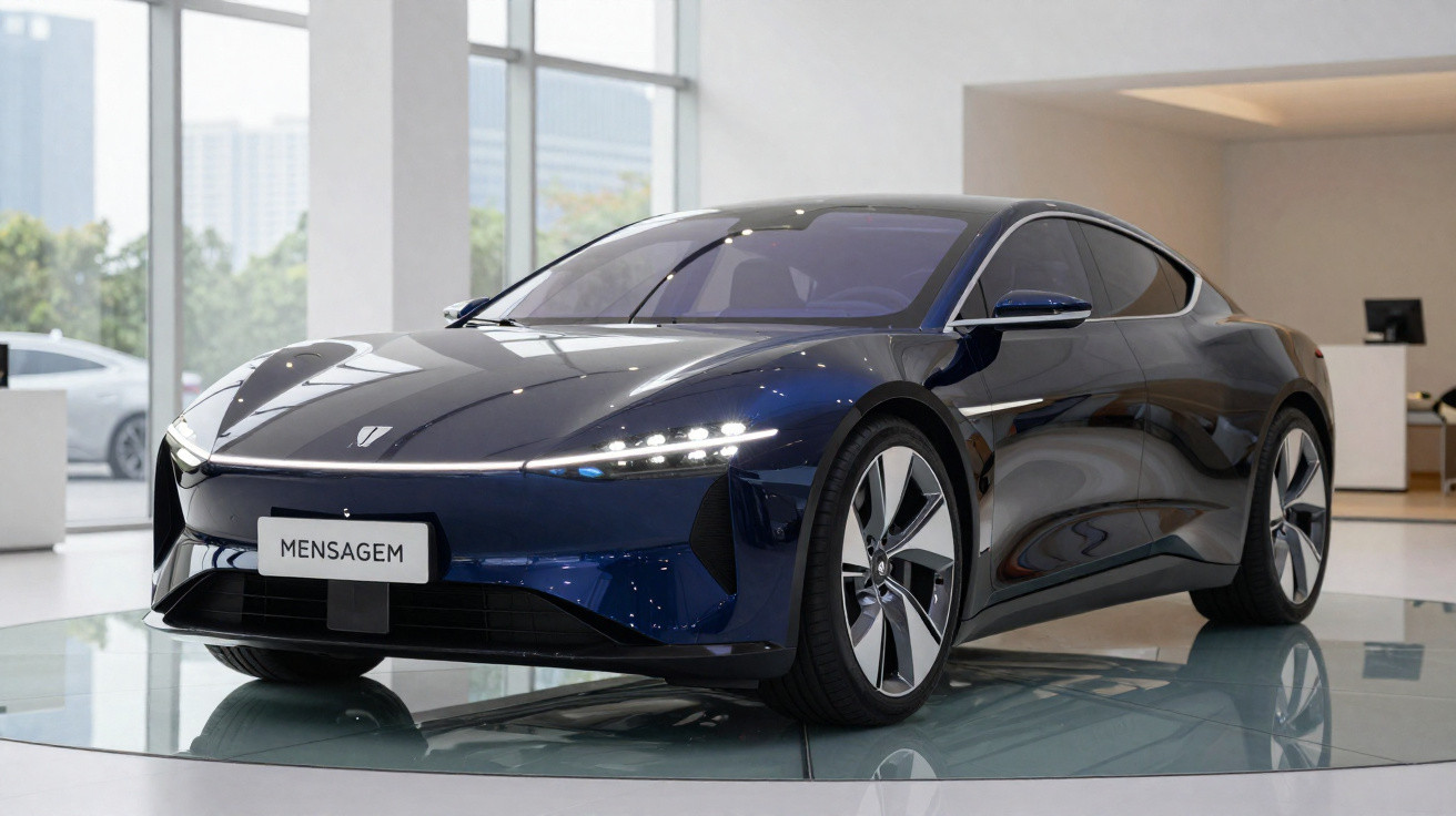 Carro desportivo elétrico azul escuro exposto num showroom moderno com grandes janelas.