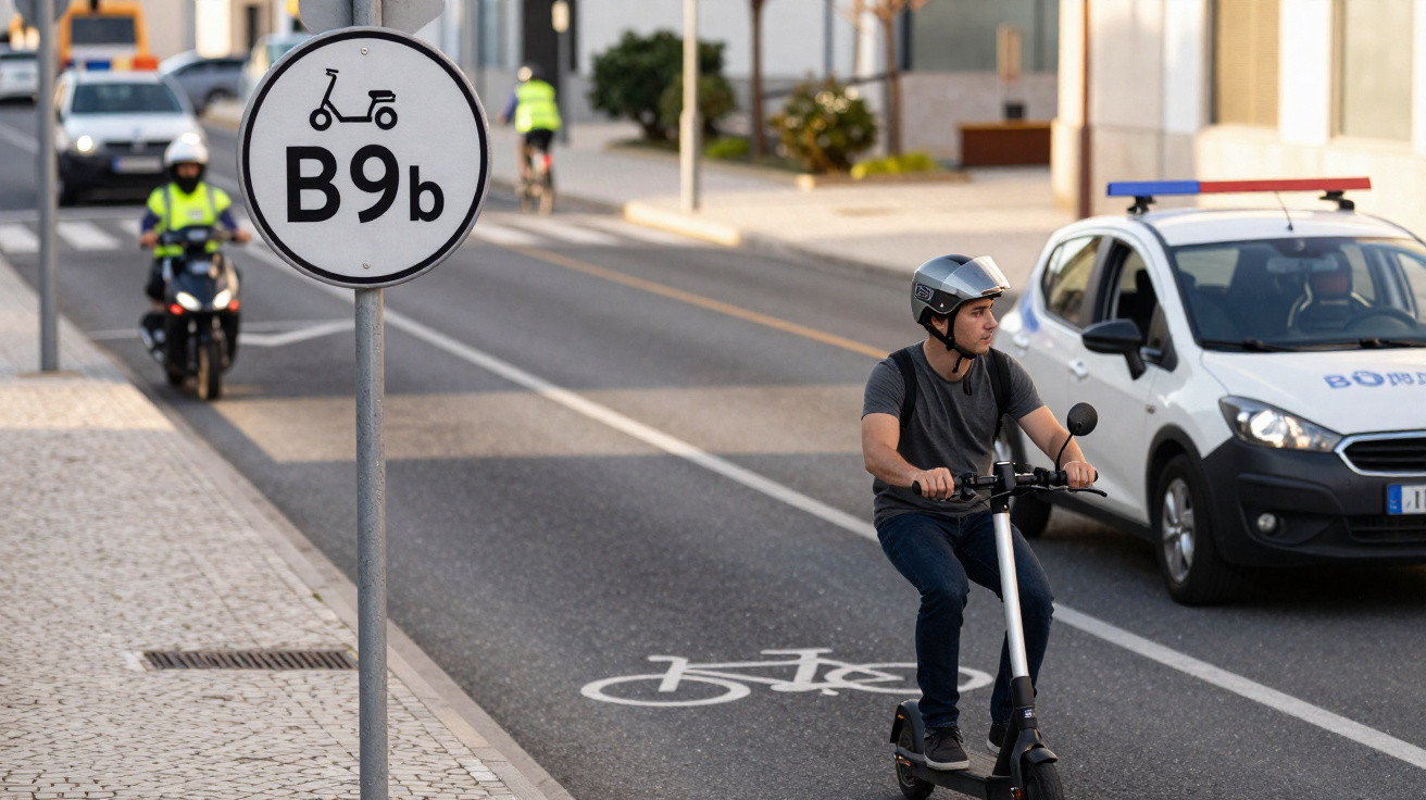 Homem com capacete a andar de trotinete na ciclovia de rua movimentada com sinal de trânsito B9b.