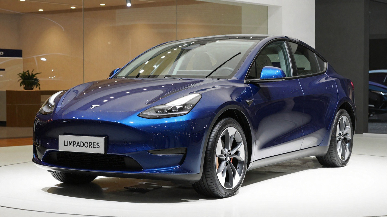 Carro elétrico azul num salão de automóveis com placa "Limpadores" à frente.
