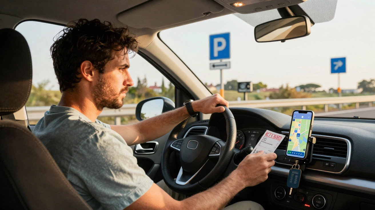 Homem no carro a consultar app de mapas e a segurar um talão de pagamento.