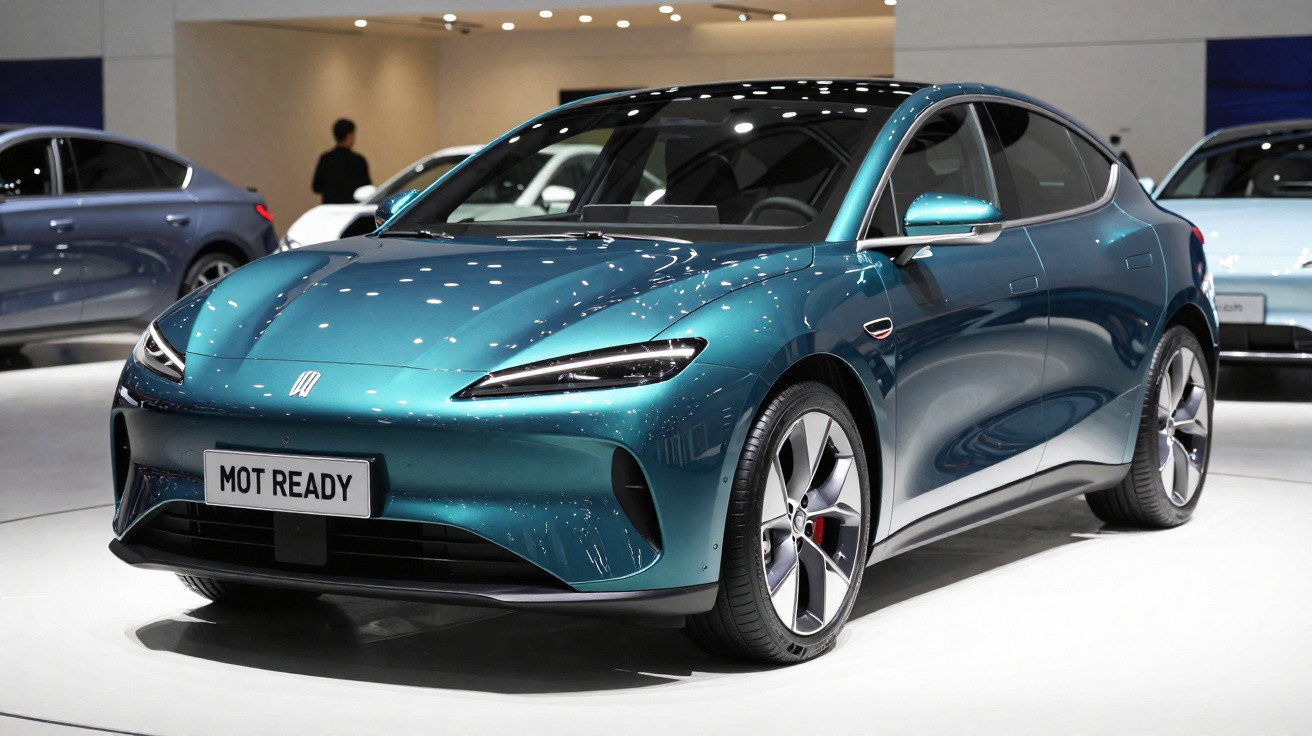 Carro elétrico azul metálico com design moderno exibido em salão automóvel, com iluminação no teto refletida na carroçaria.