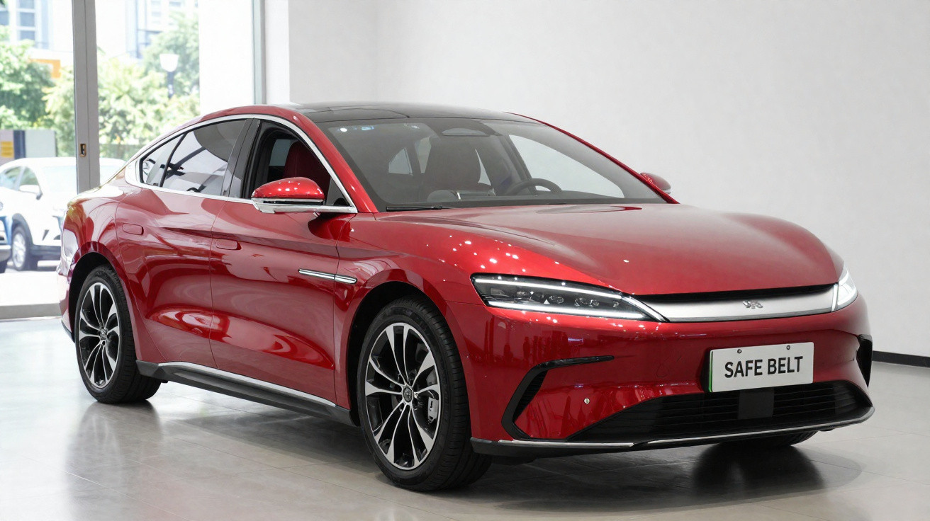 Carro elétrico desportivo vermelho em exposição num salão com luz natural.