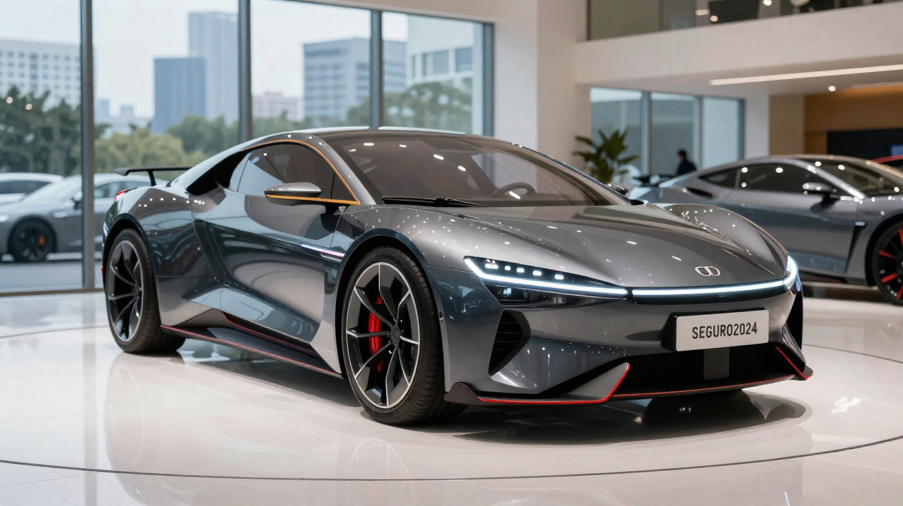 Carro desportivo elétrico cinza metálico em exposição numa sala moderna com janelas amplas.