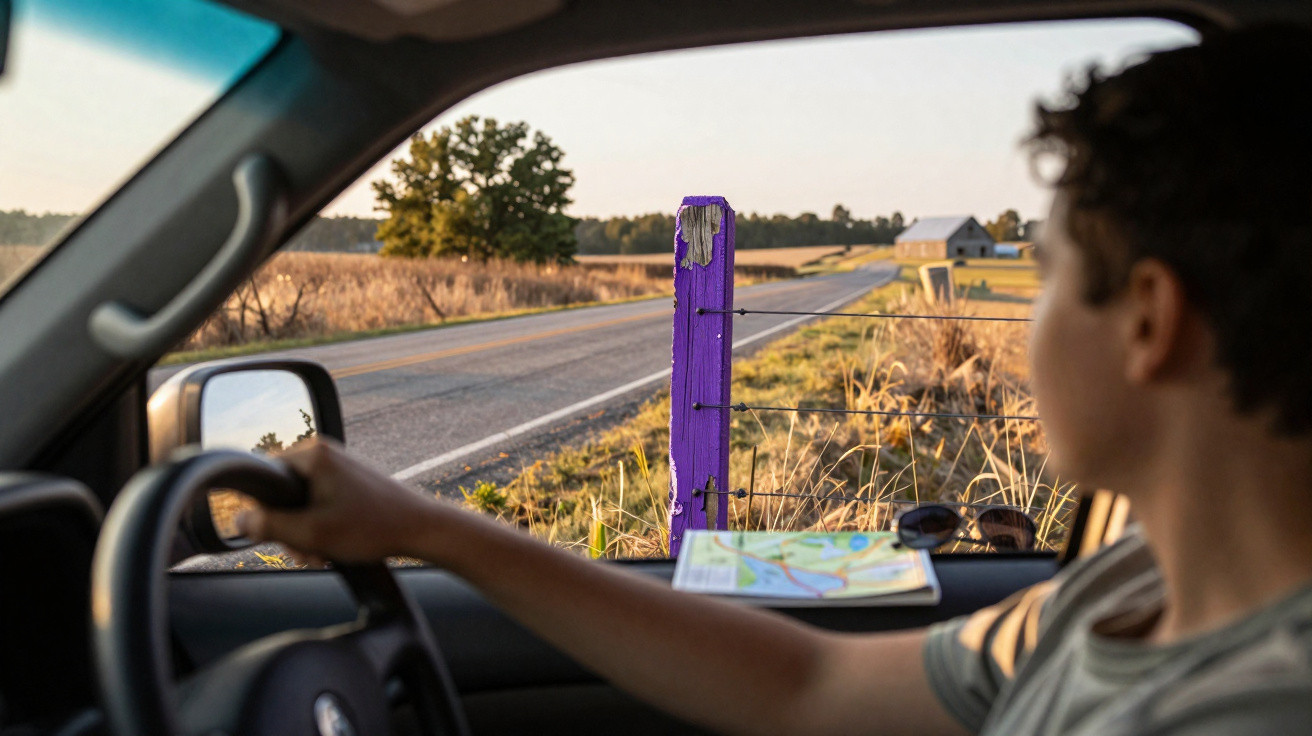 Pessoa dentro de carro a olhar pela janela para uma estrada rural com poste roxo e mapa no carro.