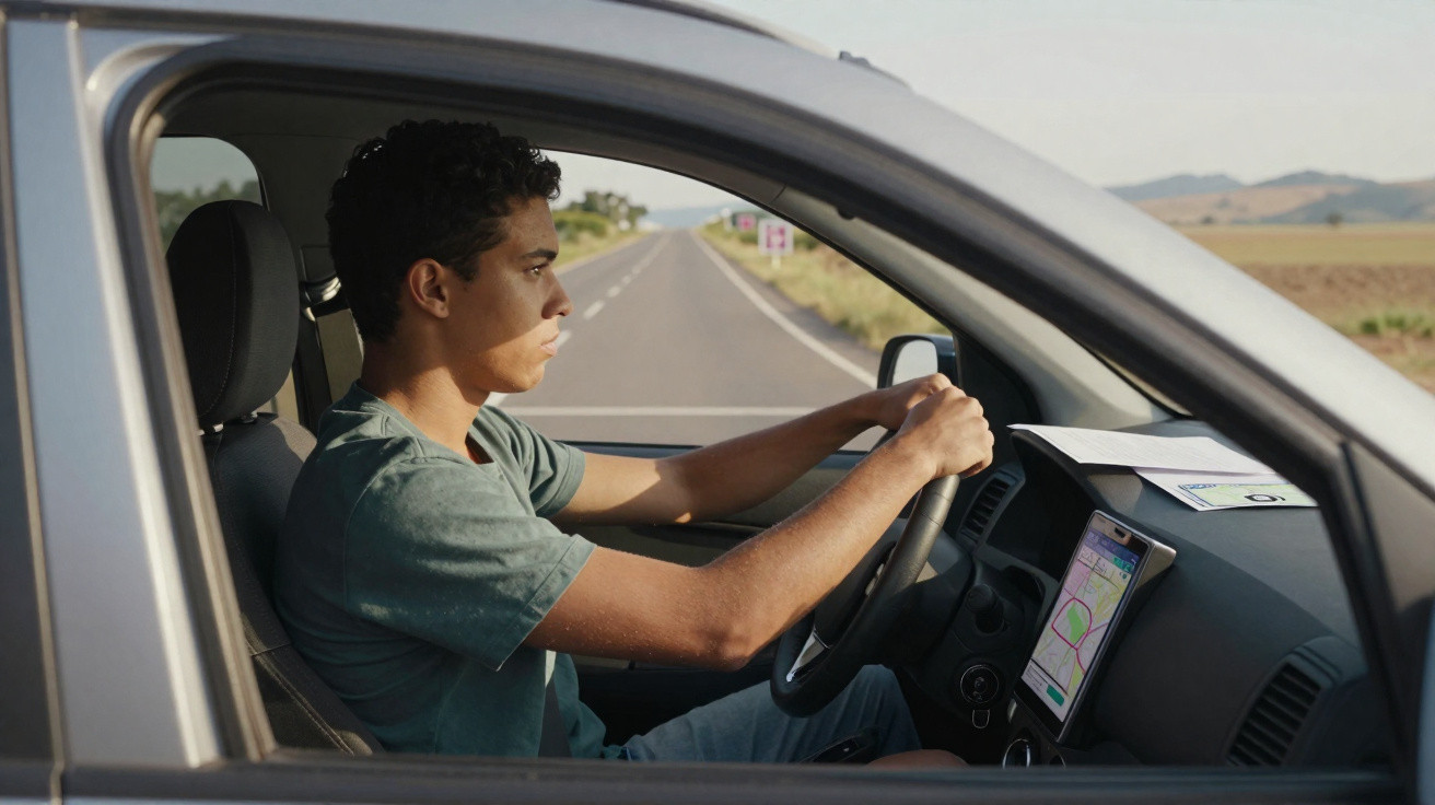 Jovem conduz um carro numa estrada reta, focado na condução, com GPS visível no tablier.