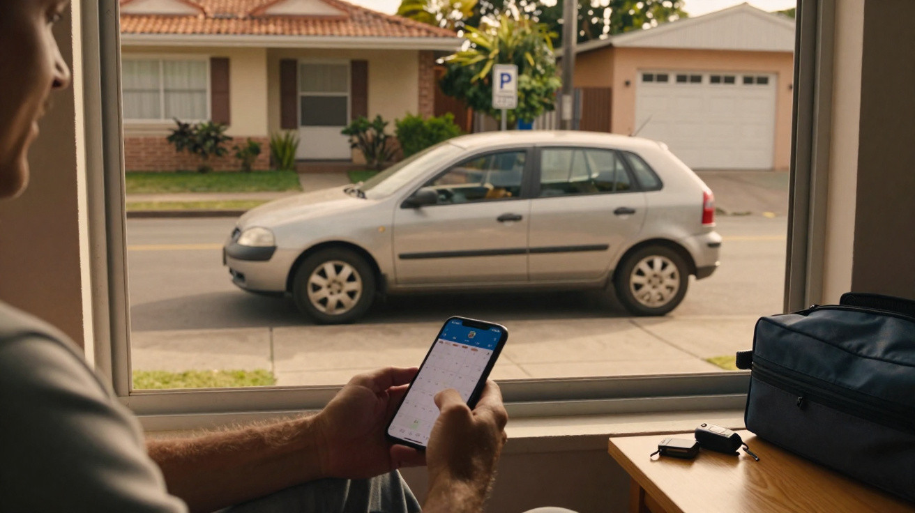 Pessoa sentada junto à janela a usar telemóvel com carro estacionado do lado de fora numa rua residencial.