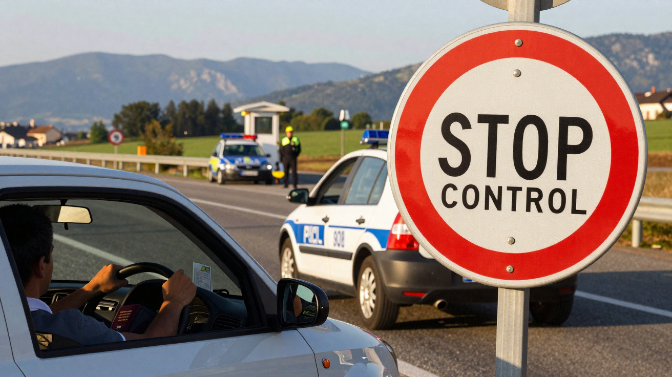Sinal de stop para controlo policial numa estrada com carros e polícia em fundo rural e montanhas.