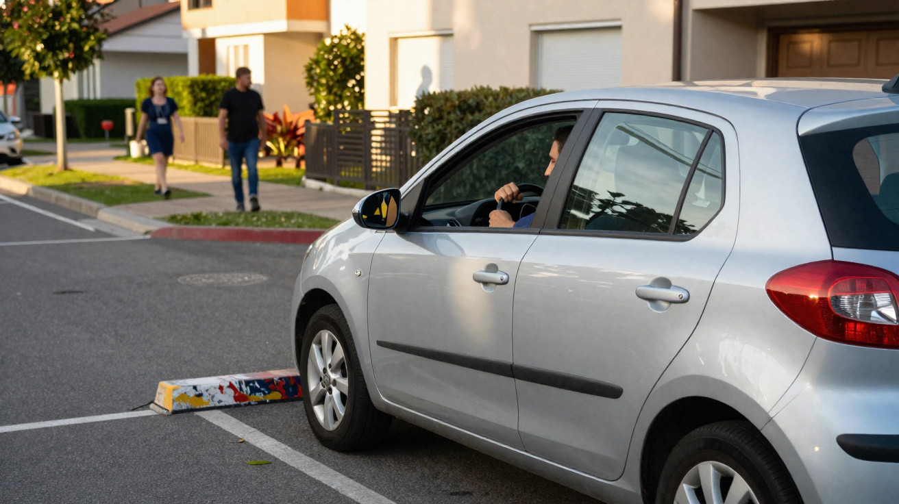 Carro cinzento estacionado junto a passeio com duas pessoas a caminhar em bairro residencial.