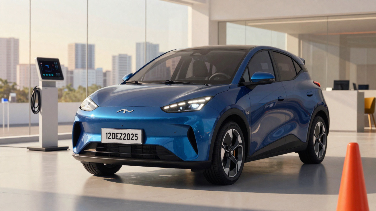 Carro elétrico azul estacionado numa garagem moderna ao lado de posto de carregamento.