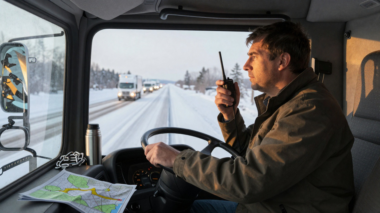 Homem a conduzir camião na neve a usar rádio comunicador com mapa no tablier.