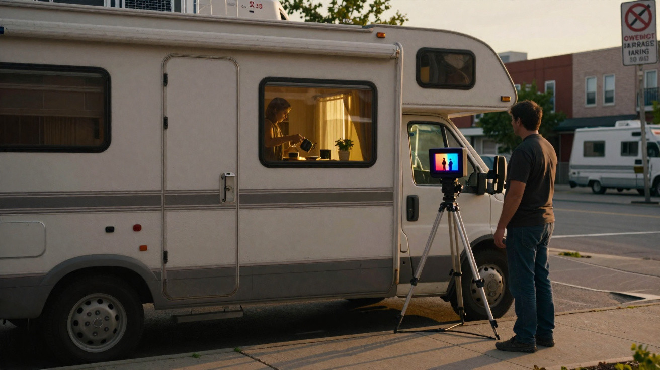 Homem grava mulher dentro de autocaravana através de câmara num tripé à luz do pôr do sol.