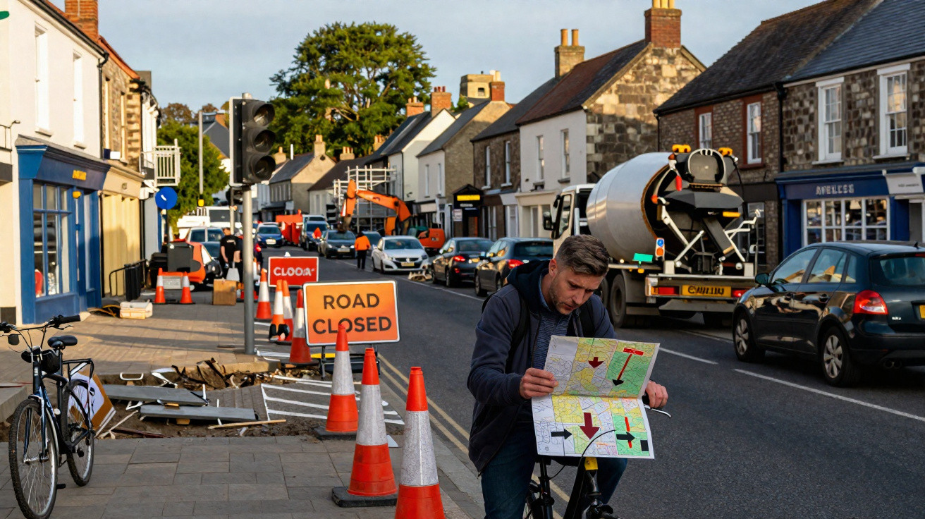 Homem numa bicicleta com mapa na mão junto a estrada encerrada por obras num bairro com várias casas tradicionais.