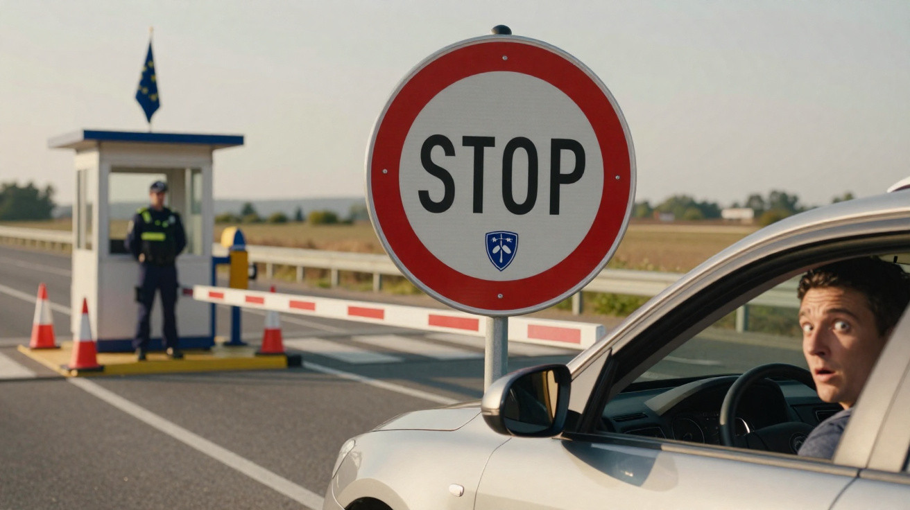 Sinal de stop num posto de controlo à beira da estrada com polícia e condutor numa viatura parada.