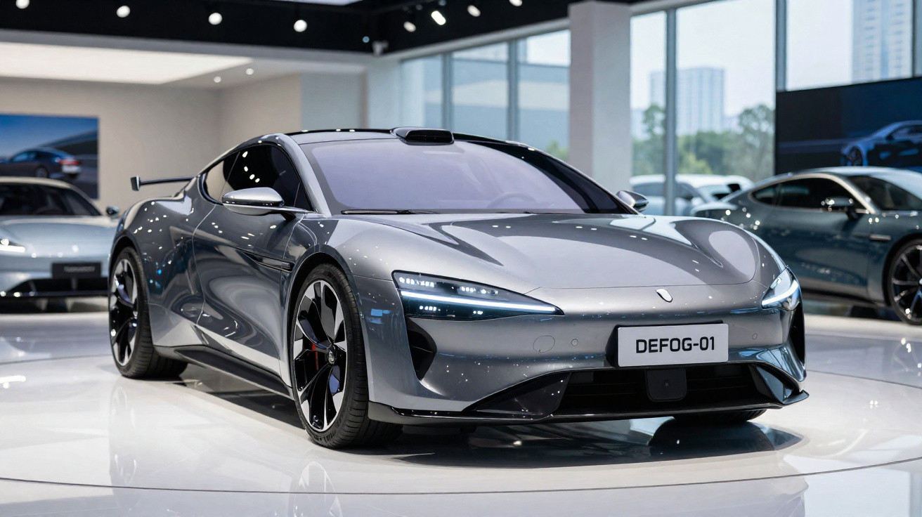 Carro desportivo elétrico cinzento com design aerodinâmico exposto numa sala de exposições moderna.