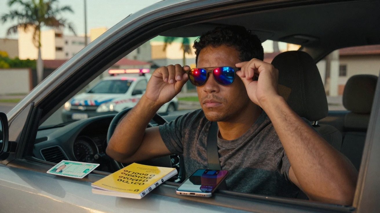 Homem de óculos escuros sentado no carro com documento, livro e telemóvel no tablier, polícia ao fundo.