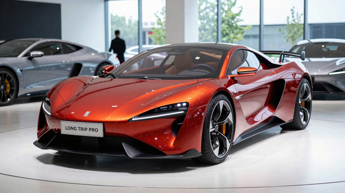 Carro desportivo vermelho metalizado em exposição numa sala com janelas grandes e outros carros ao fundo.