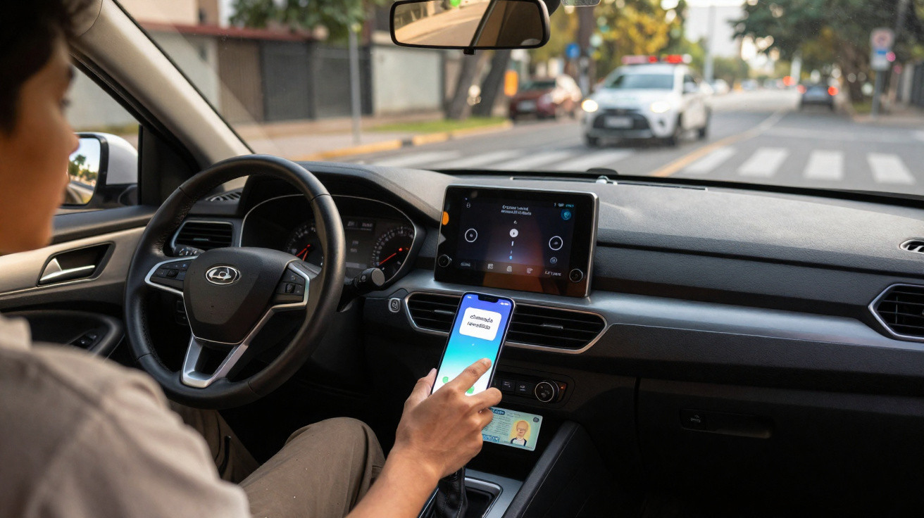 Pessoa a conduzir um carro com o painel digital visível e a usar o telemóvel para controlar funções do veículo.