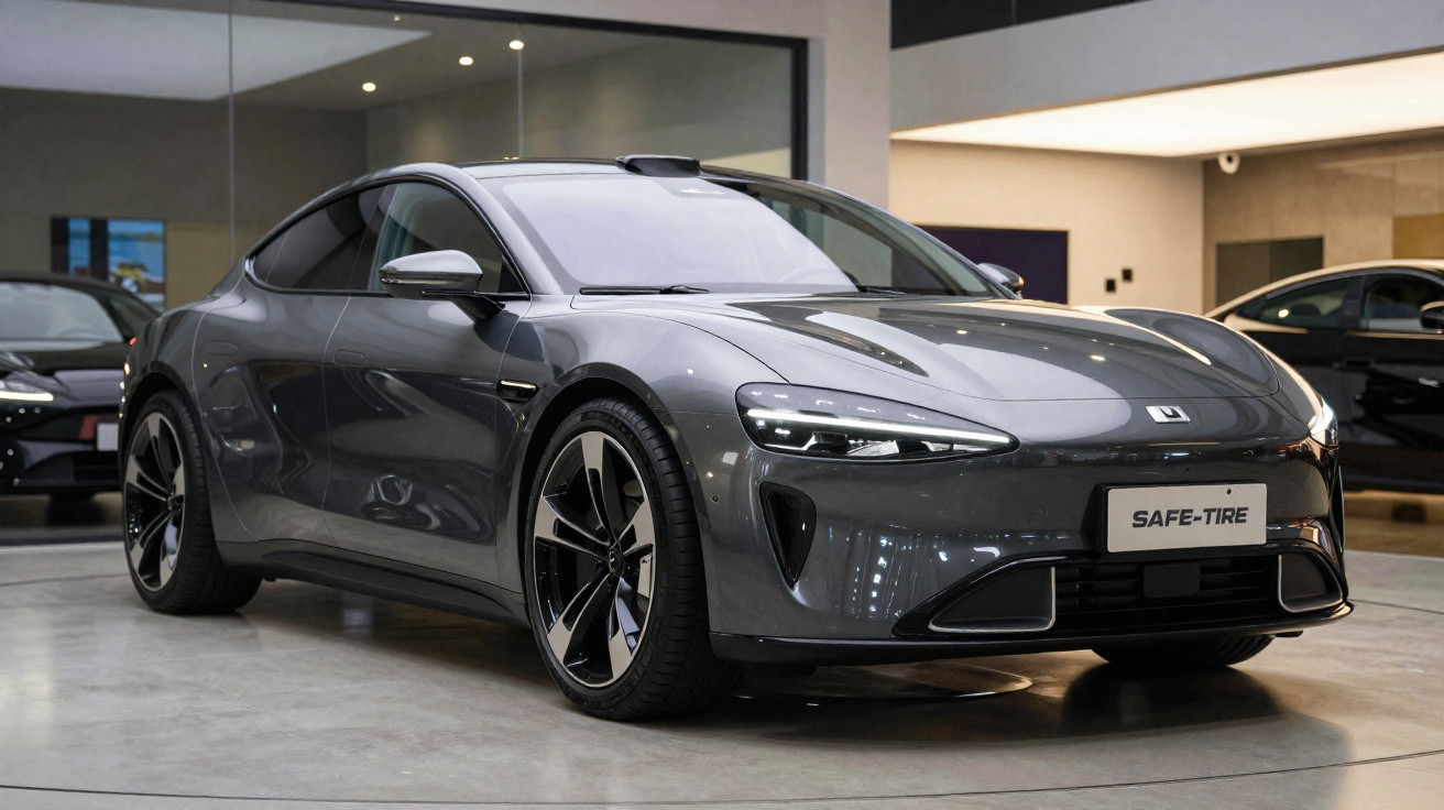 Carro desportivo cinzento estacionado em salão moderno com jantes de liga leve e faróis estreitos.
