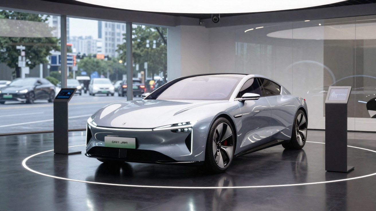 Carro elétrico cinza futurista exposto em showroom com grandes janelas e painéis informativos.