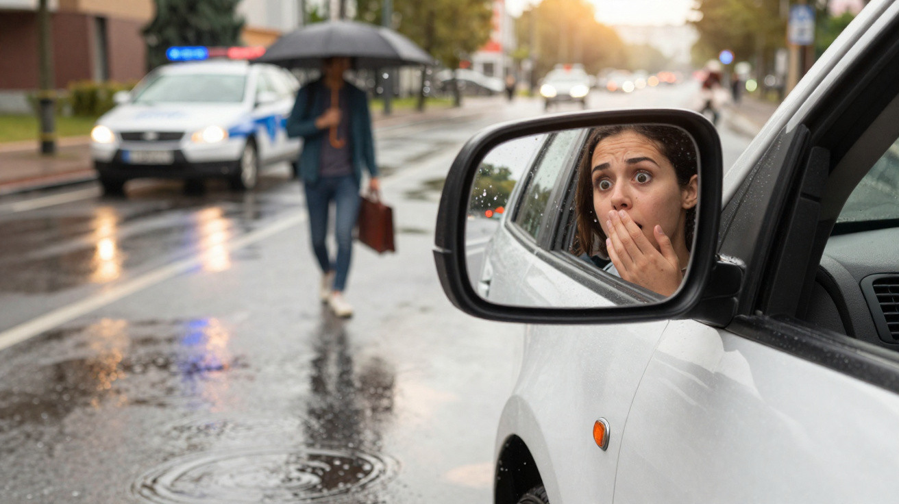Mulher com expressão de choque vista no espelho retrovisor de carro num dia chuvoso na cidade.