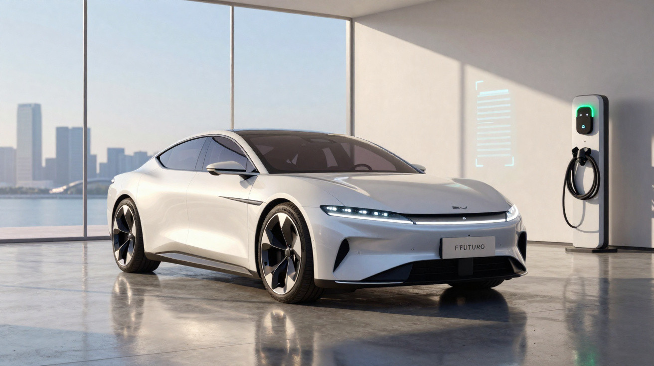 Carro elétrico branco futurista estacionado numa garagem com parede de vidro e estação de carregamento.