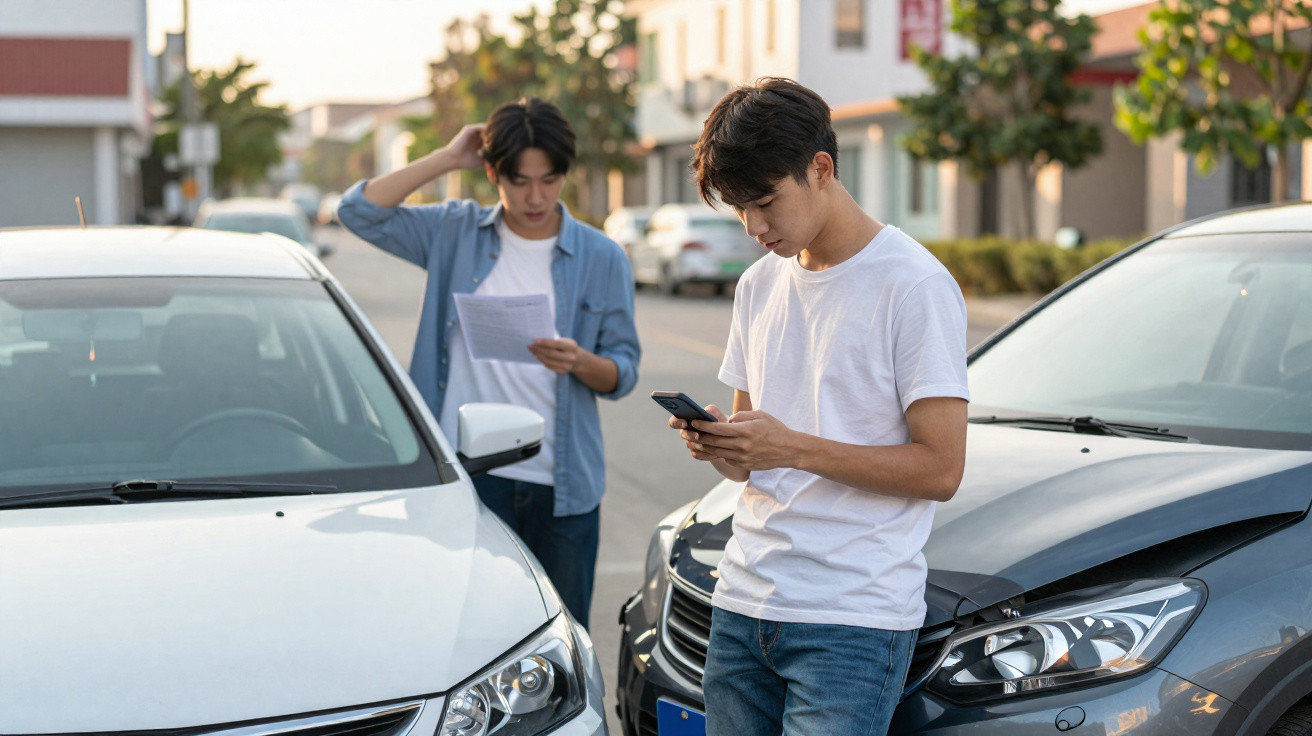 Dois jovens numa rua, junto a dois carros, um deles vê o telemóvel e o outro lê um papel preocupado.