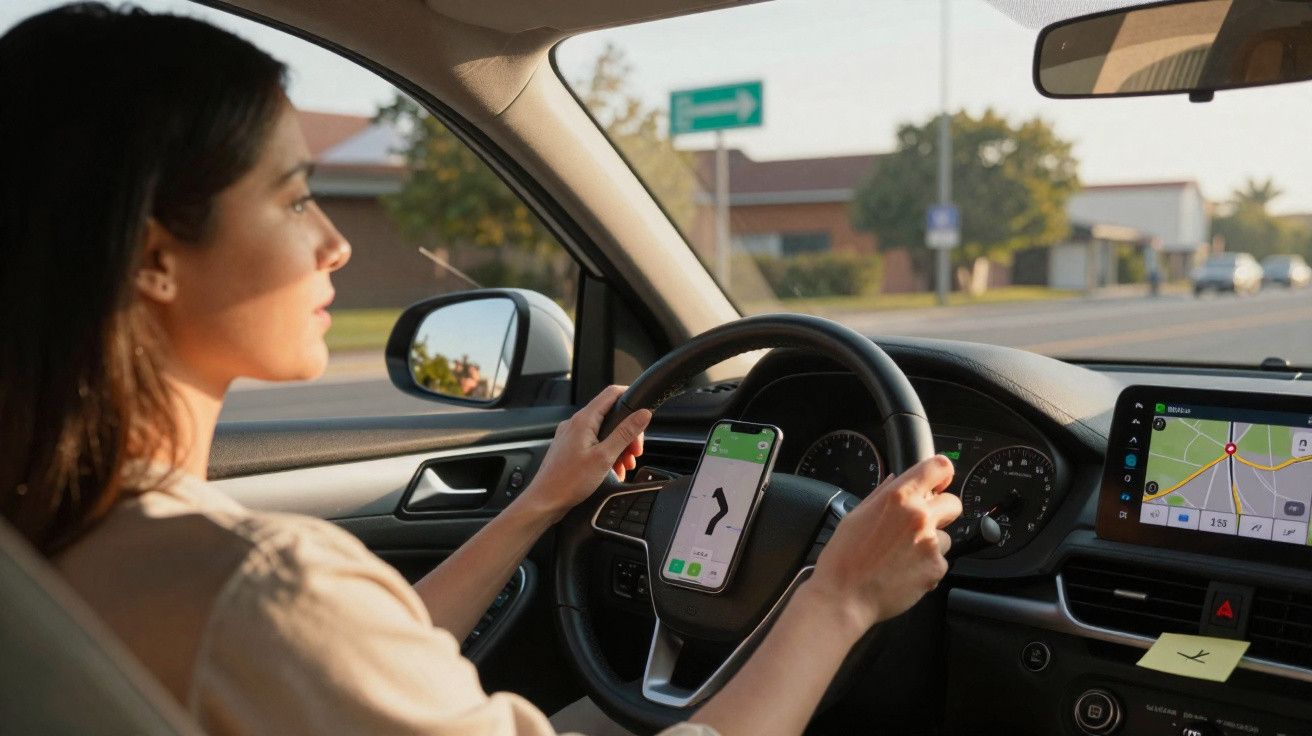 Mulher a conduzir carro com GPS no smartphone e ecrã do veículo durante dia ensolarado.