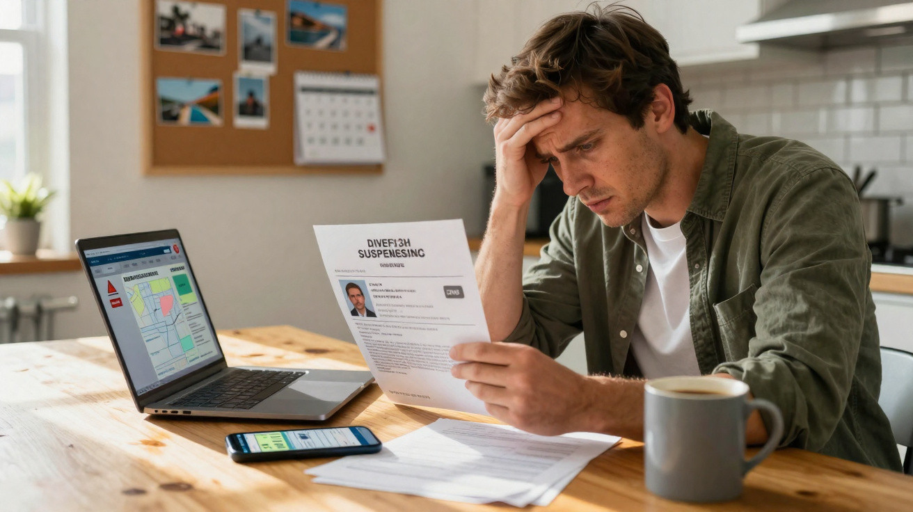 Homem preocupado a ler uma carta de despedimento numa mesa com computador portátil e telemóvel.