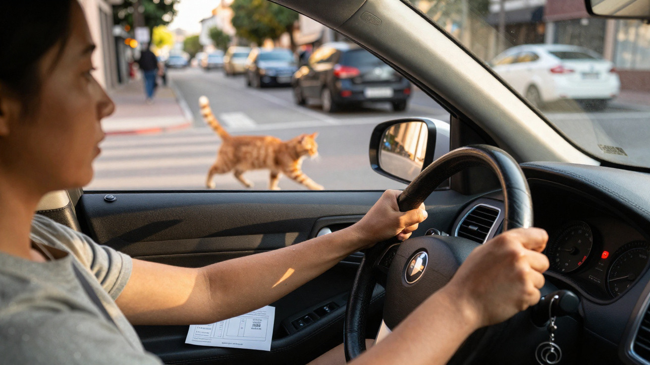 Mulher dentro de carro a olhar para gato laranja a atravessar a estrada numa zona urbana.