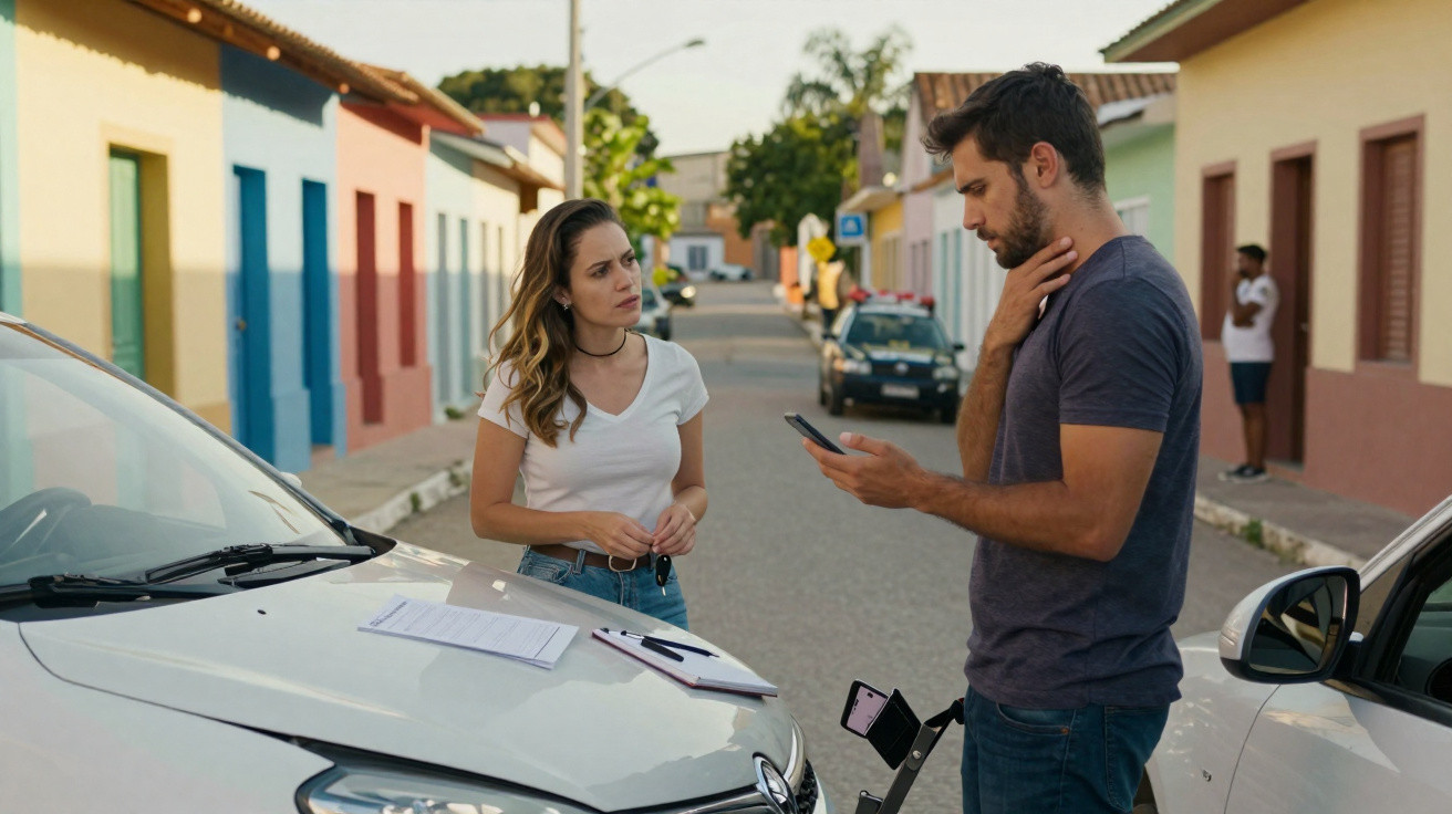 Homem e mulher discutem acidente de carro na rua com polícia ao fundo e documentos sobre capô.