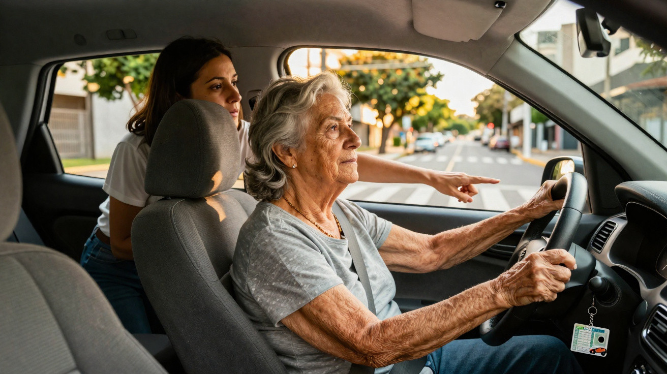 Mulher idosa a conduzir um carro com uma jovem ao seu lado a indicar a direção pela janela.