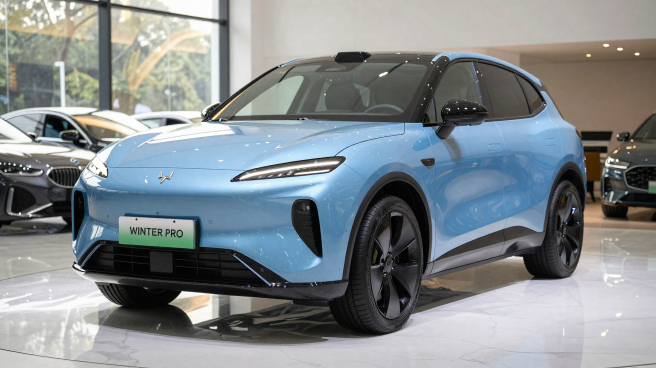 Carro elétrico SUV azul claro Winter Pro em exposição numa sala moderna com iluminação ambiente.
