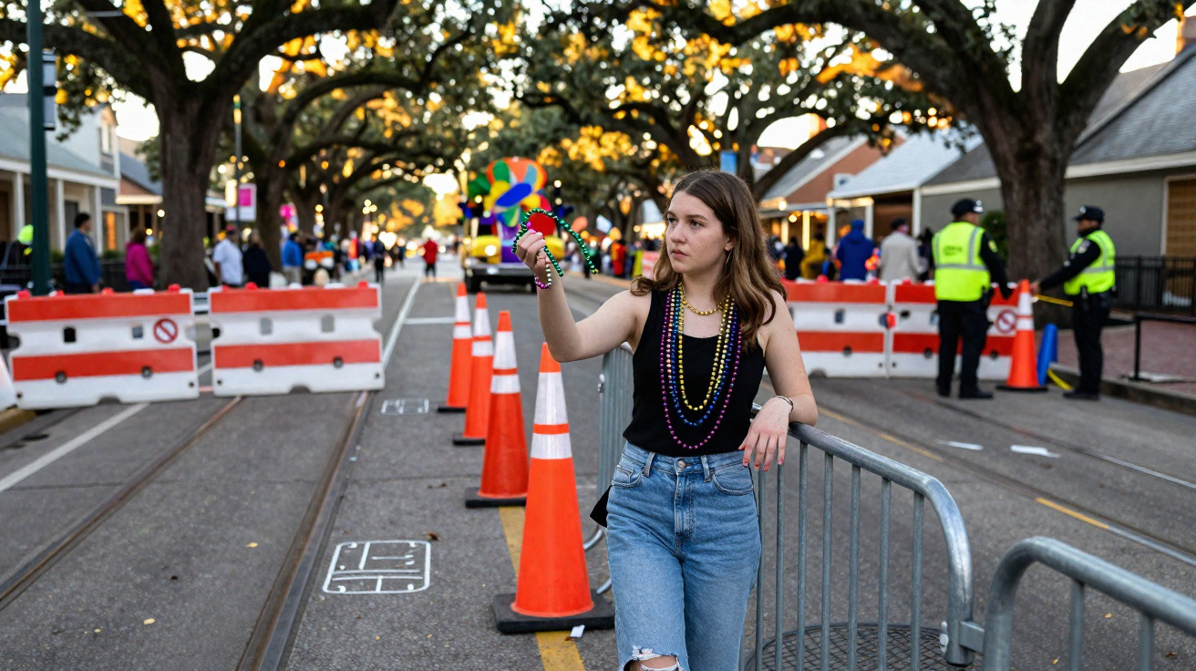 Rapariga com pulseiras coloridas e colares de contas junto a barreiras numa rua em festa ao entardecer.