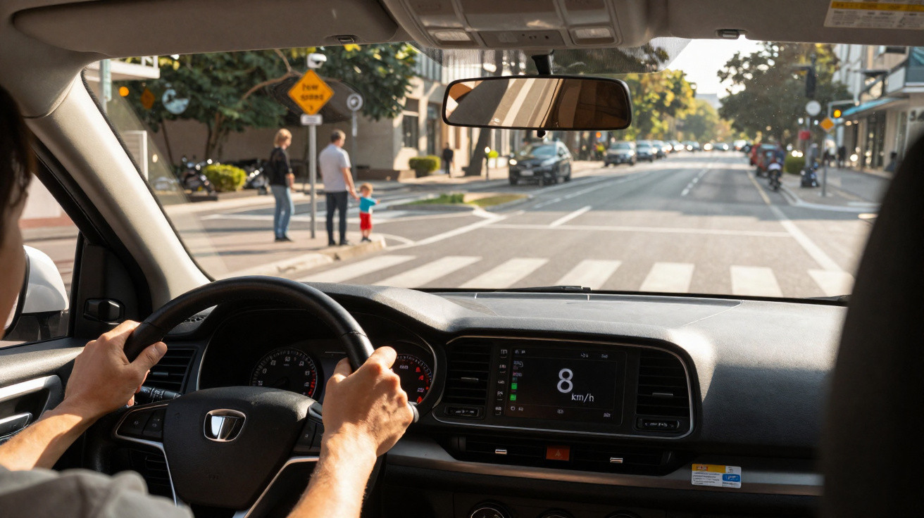 Interior de carro com motorista a 8 km/h, aguardando passagem de peões numa passadeira urbana.