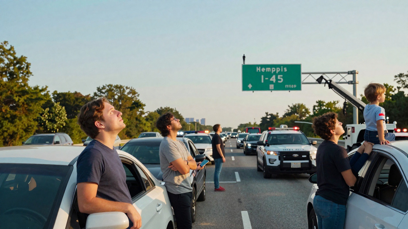 Pessoas paradas na estrada entre carros observando o céu ao lado de sinal de saída I-45 para Hemppis.
