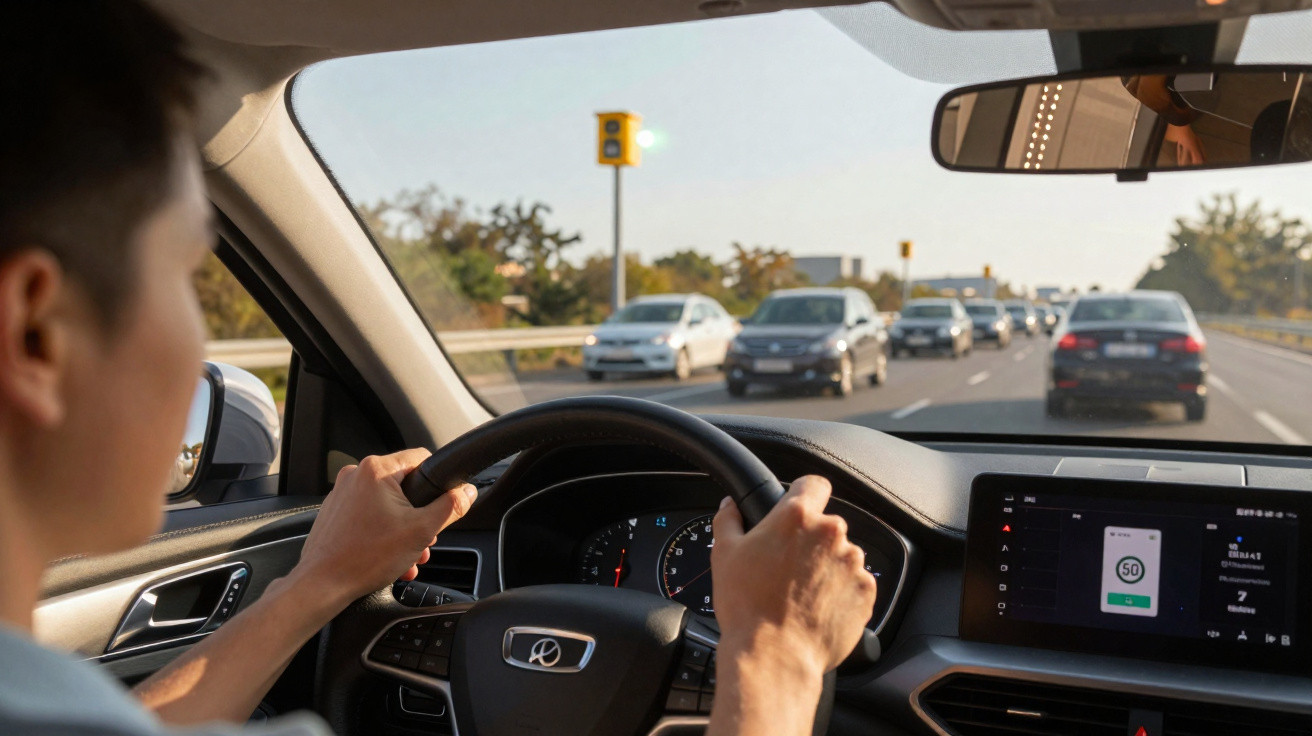 Condutor ao volante observa sinal verde num carro moderno em estrada com trânsito intenso.
