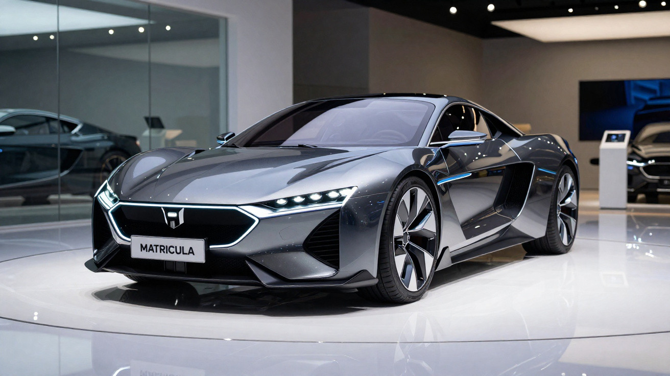Carro desportivo cinzento metálico com design futurista em exposição numa sala moderna e iluminada.