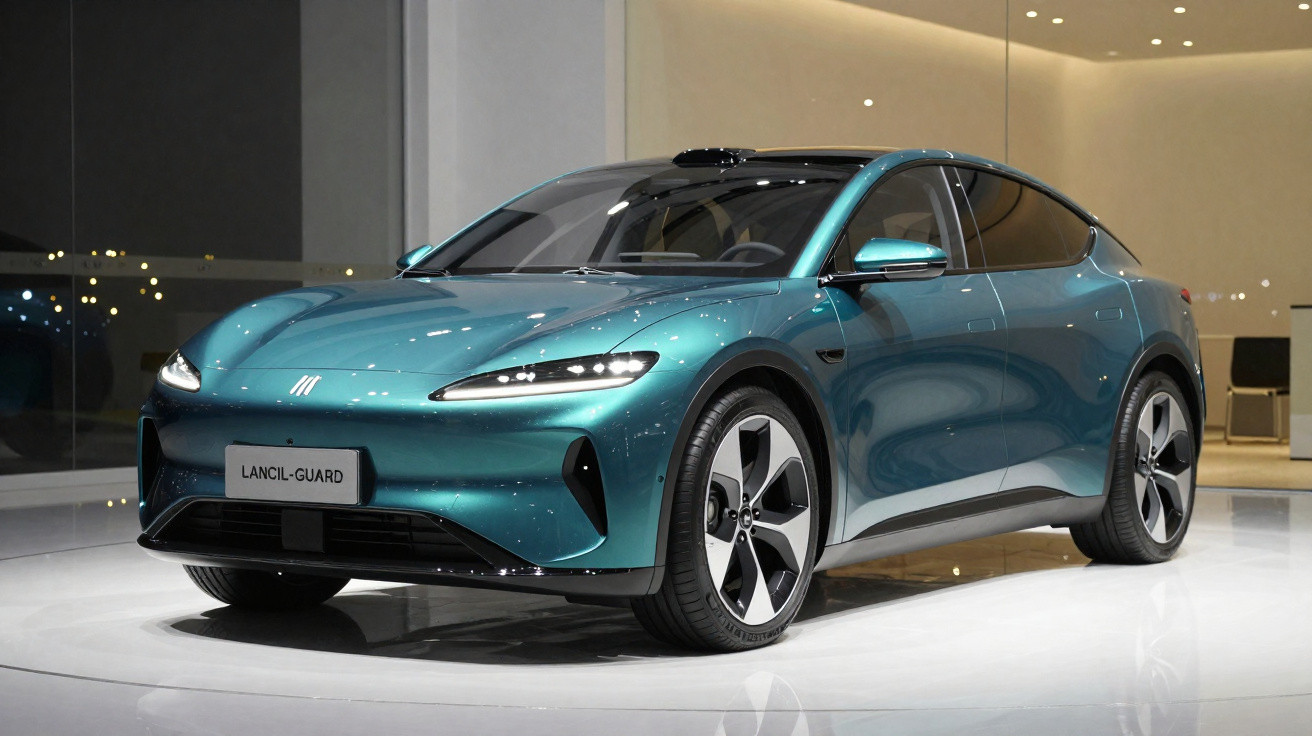 Carro elétrico moderno azul metálico em exposição, com design aerodinâmico e faróis elegantes.