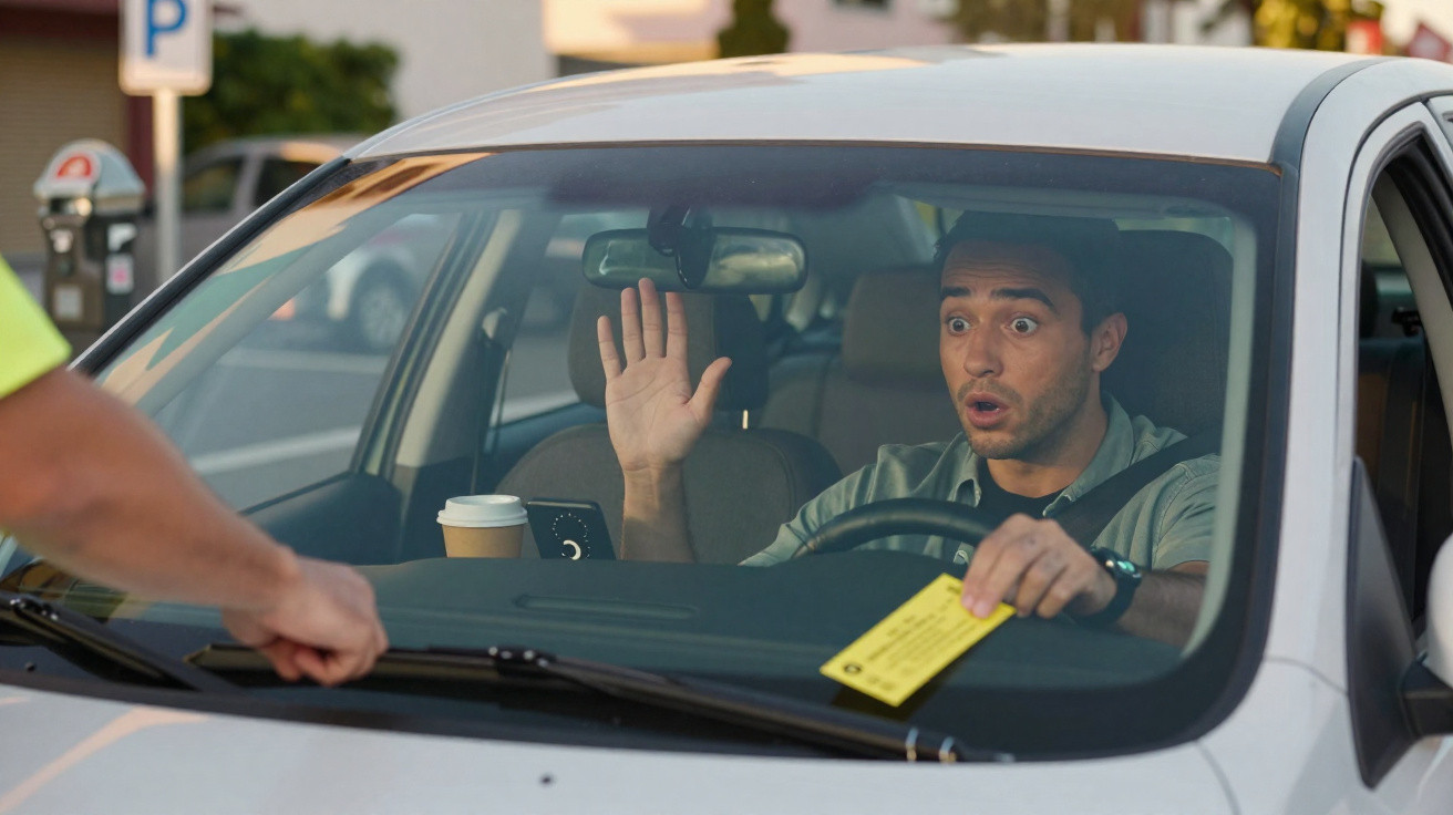 Homem surpreendido recebe multa de trânsito enquanto está sentado no carro estacionado.