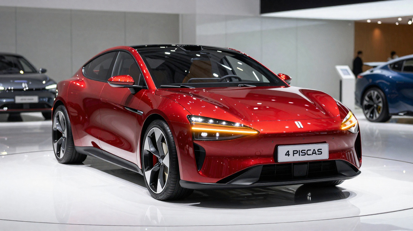 Carro desportivo elétrico vermelho com faróis ligados exposto em evento automóvel.