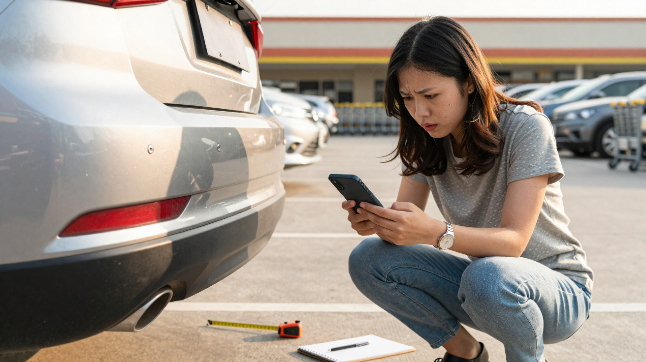 Mulher asiática avalia danos na traseira do carro, anota num bloco e usa telemóvel num parque de estacionamento.