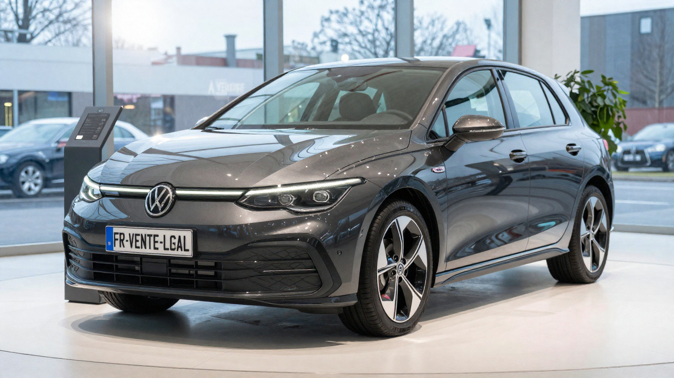 Automóvel cinza Volkswagen Golf estacionado numa sala de exposições moderna com amplas janelas.